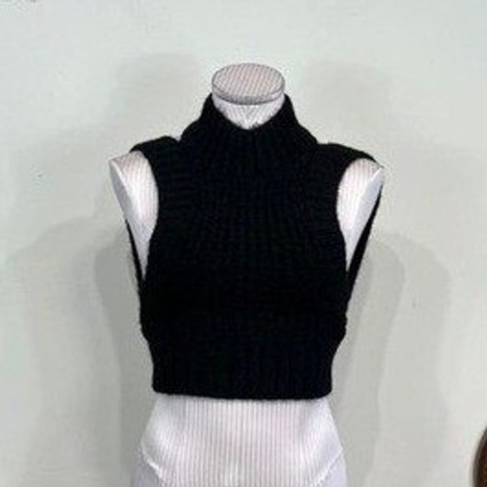 For Love & Lemons Black Ribbed Cropped Turtleneck Sweater Vest – Size XXS